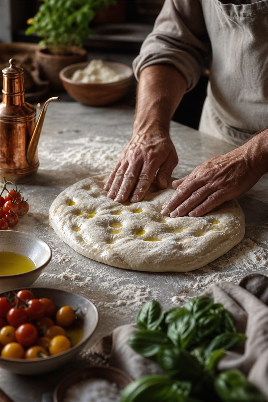 Hands pressing olive oil into fresh focaccia dough beside basil and tomatoes.