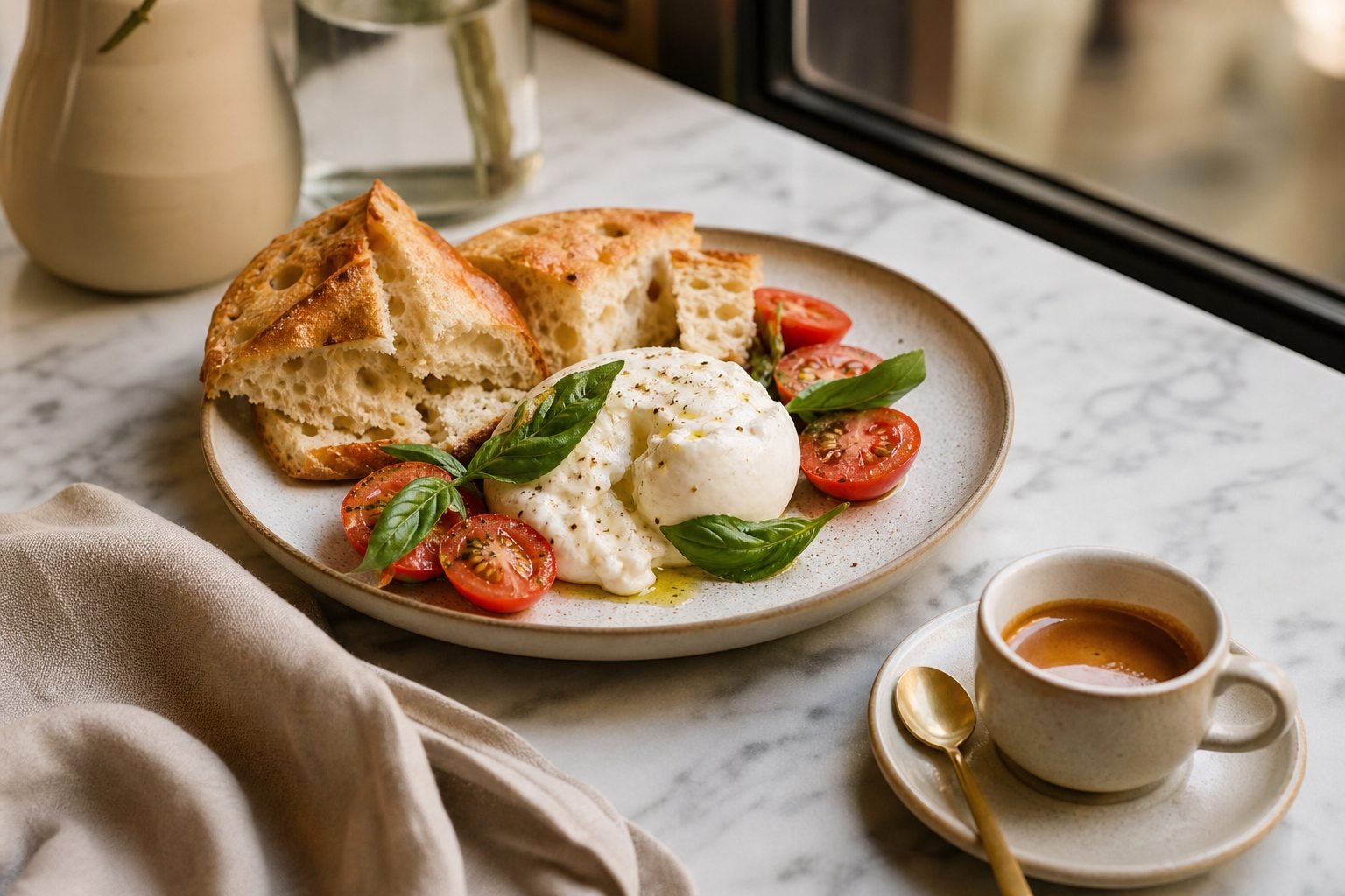 A refined Italian cafe plate with focaccia, burrata, tomatoes, basil, and espresso on marble.